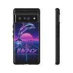 Neon Dolphin Retro Wave Tough Case | Vaporwave Japanese Text, 80s Synth Sunset