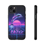Neon Dolphin Retro Wave Tough Case | Vaporwave Japanese Text, 80s Synth Sunset