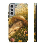 Summer Sunhat Cat Phone Case, Painterly Grass Art Cover