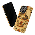 Teacup Cat Phone Case, Cozy Folk Illustration Art Cover