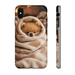 Pomeranian Puppy Burrito Phone Case, Cozy Blanket Portrait