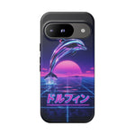 Neon Dolphin Retro Wave Tough Case | Vaporwave Japanese Text, 80s Synth Sunset