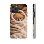 Pomeranian Puppy Burrito Phone Case, Cozy Blanket Portrait