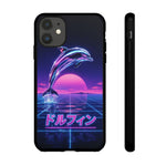 Neon Dolphin Retro Wave Tough Case | Vaporwave Japanese Text, 80s Synth Sunset