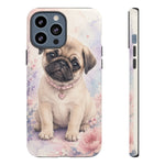 Pug Puppy Phone Case, Pastel Watercolor Heart Collar Cover