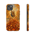 Yorkshire Terrier Jumping in Autumn Leaves Tough Case | Fall Dog Phone Cover