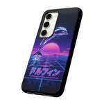 Neon Dolphin Retro Wave Tough Case | Vaporwave Japanese Text, 80s Synth Sunset