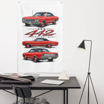 1965 442 Convertible Red Banner 34x56 Garage Man Cave Wall Decor Gift