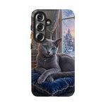 Regal Russian Blue Cat on Cushion Phone Case | Winter Castle Scene