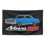1966 1967 Nova SS Wall Flag Banner 34x56 Garage Man Cave Decor Blue Hot Rod
