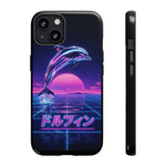 Neon Dolphin Retro Wave Tough Case | Vaporwave Japanese Text, 80s Synth Sunset