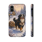 Bernese Mountain Dog Winter Scene phone case | snowy cabin, log cart
