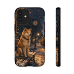 Shiba Inu at Snowy Train Station Phone Case | Winter Dog Scene