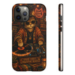 DJ Cat Phone Case, Glowing Turntables Folk Art Cover