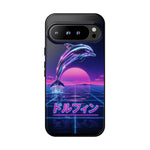 Neon Dolphin Retro Wave Tough Case | Vaporwave Japanese Text, 80s Synth Sunset