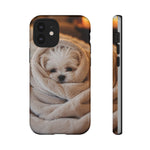Maltese Puppy Burrito Phone Case, Cozy Blanket Portrait