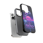 Neon Dolphin Retro Wave Tough Case | Vaporwave Japanese Text, 80s Synth Sunset