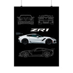 Chevy C7 ZR1 Poster Wall Art Print Supercar Blueprint Garage Decor