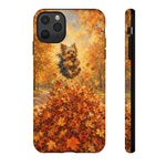 Yorkshire Terrier Jumping in Autumn Leaves Tough Case | Fall Dog Phone Cover
