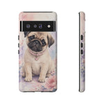 Pug Puppy Phone Case, Pastel Watercolor Heart Collar Cover
