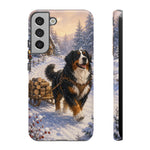 Bernese Mountain Dog Winter Scene phone case | snowy cabin, log cart