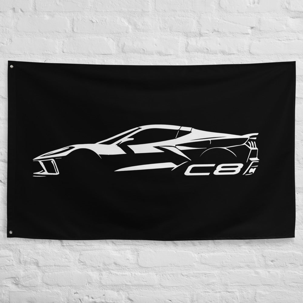 2024 Corvette C8 Arctic White Minimalist Silhouette Automotive Art for Garage Office Man Cave Banner Flag 34.5" x 56"