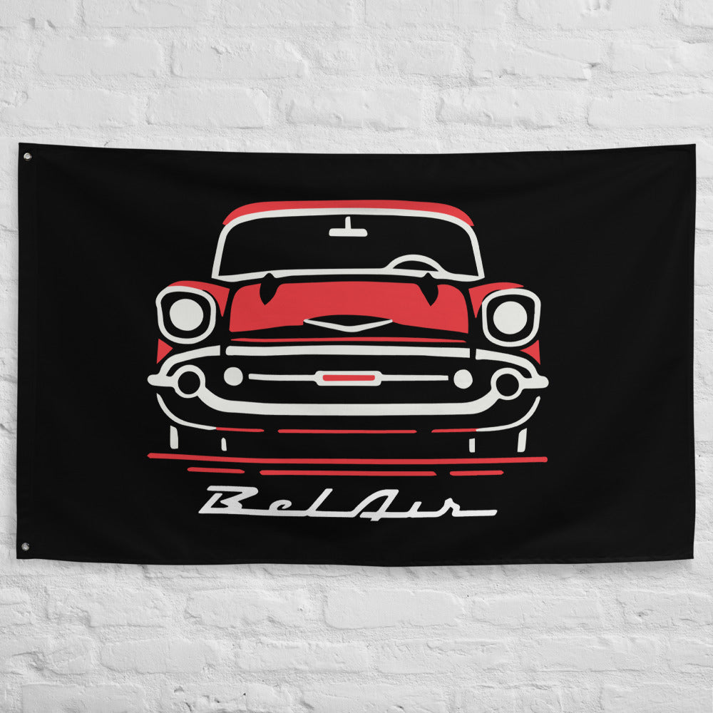 Red 1957 Bel Air 57 Chevy Antique Automotive Art for Garage Office Man Cave Banner Flag 34.5" x 56"