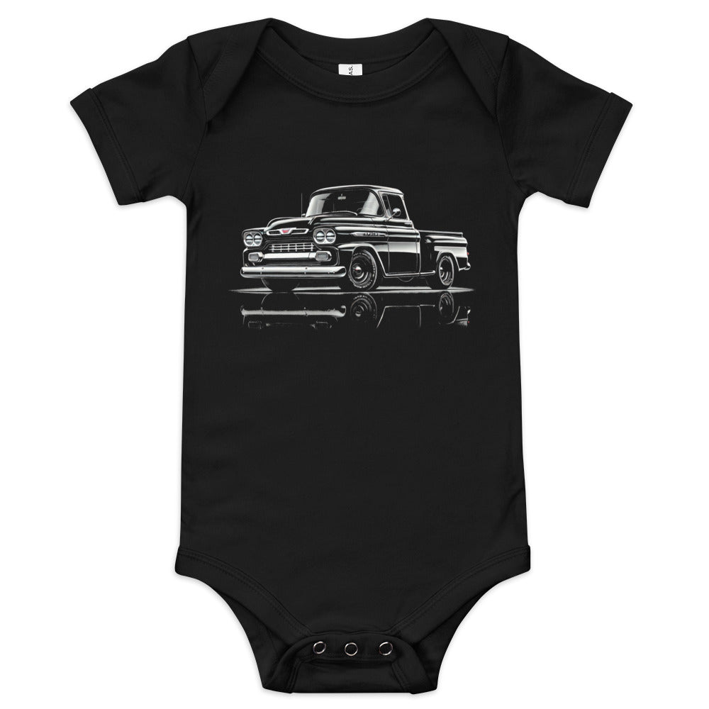 Black 1959 Chevy Apache onesie for Little Vintage Truck Enthusiasts Bowtie Fans Baby one piece