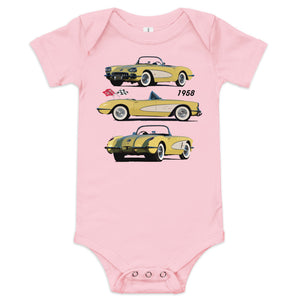 1958 Corvette C1 Panama Yellow and White Antique American Classic Car Art Baby onesie short sleeve one piece