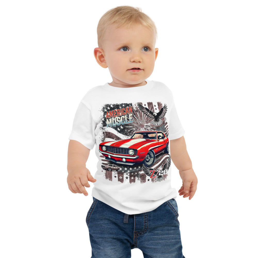 1969 Camaro Z28 Graphic Patriotic Bald Eagles Stars and Stripes Retro Automotive Baby Tee