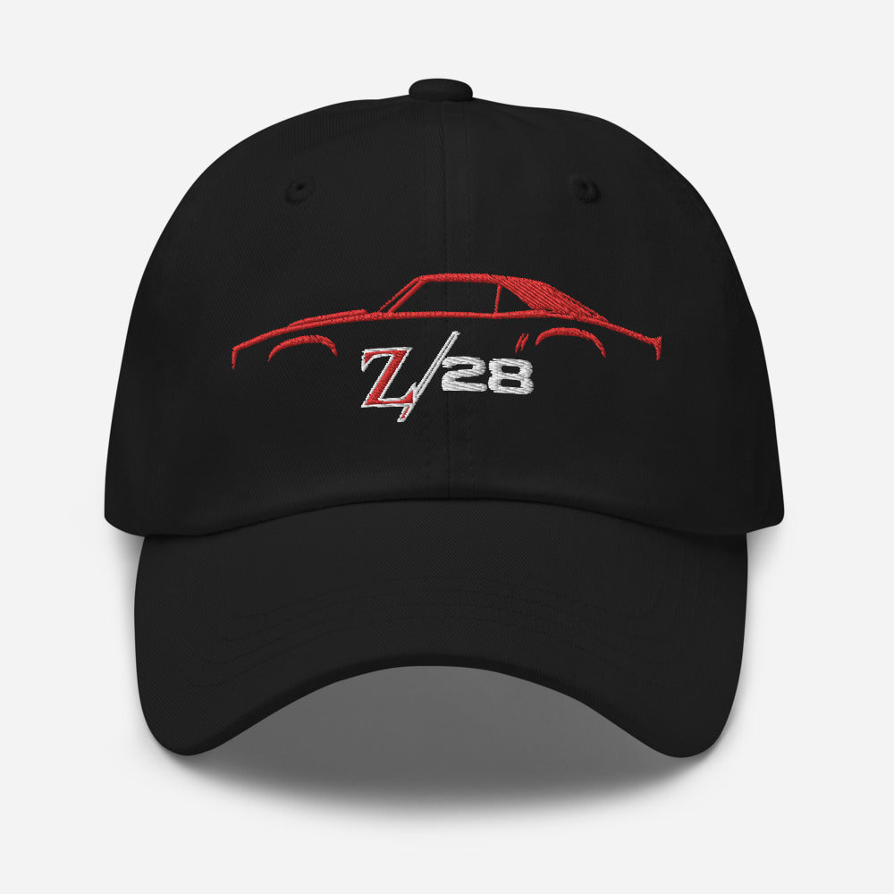 First Gen 1967 1968 1969 Chevy Camaro Z28 Red Outline Silhouette Embroidered Dad hat for Classic Car Owners