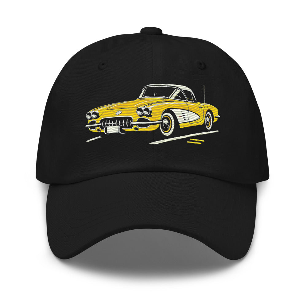 1958 Corvette Dad hat Yellow Vette Art for Chevy Classic Car Owners Cap