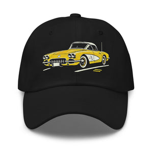 1958 Corvette Dad hat Yellow Vette Art for Chevy Classic Car Owners Cap