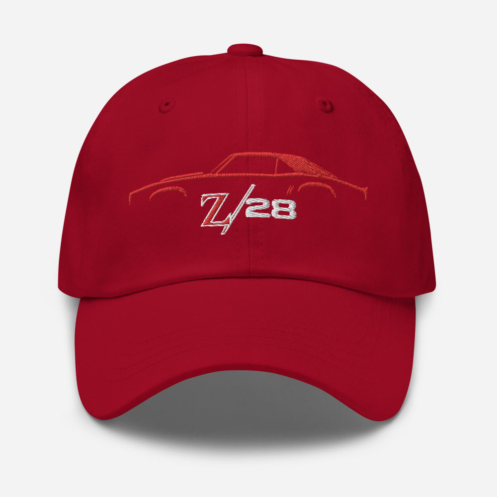 First Gen 1967 1968 1969 Chevy Camaro Z28 Red Outline Silhouette Embroidered Dad hat for Classic Car Owners