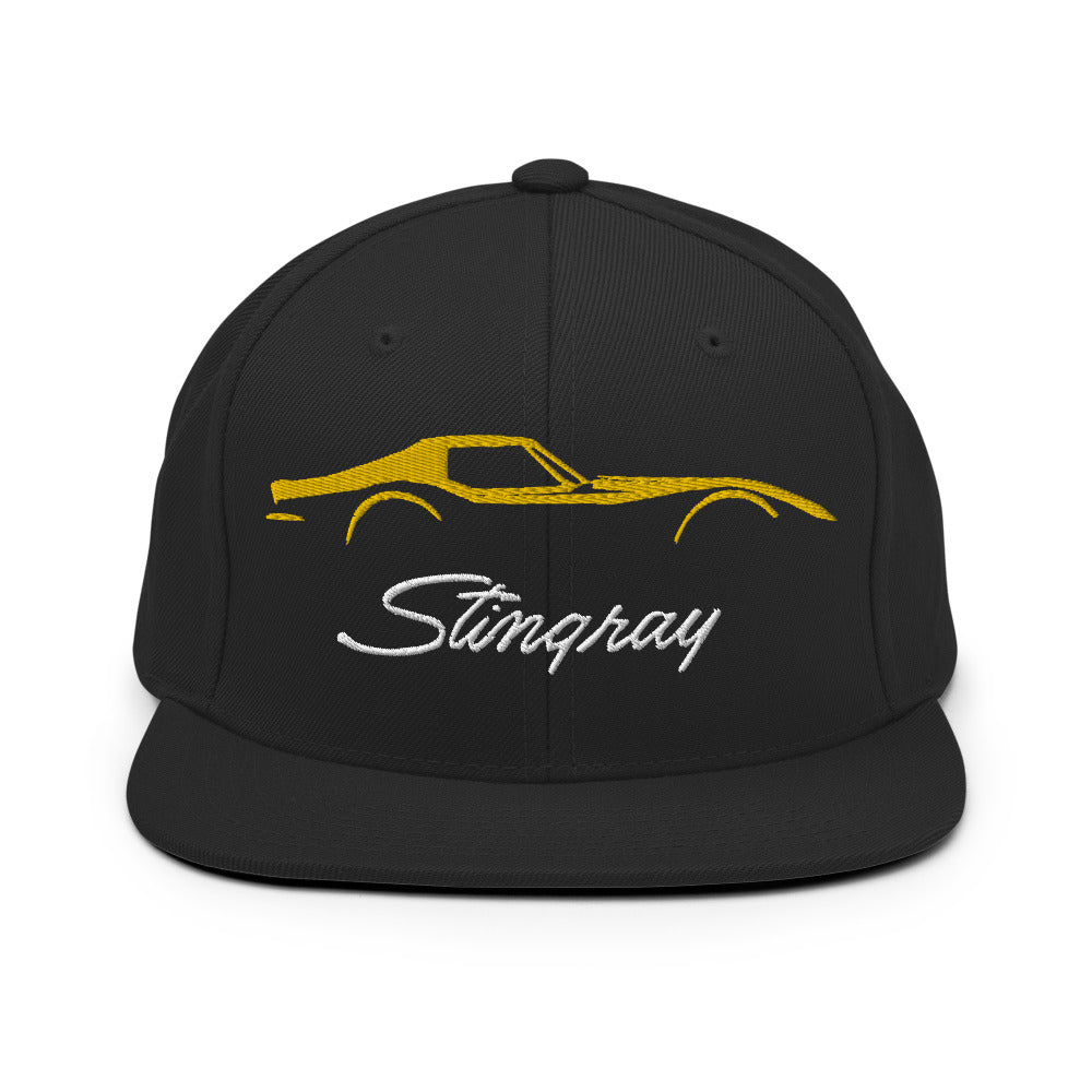 C3 Corvette Sports Car Stingray Yellow Outline Silhouette 3rd Gen Vette Drivers Embroidered Snapback Hat for Classic Chevy Owners