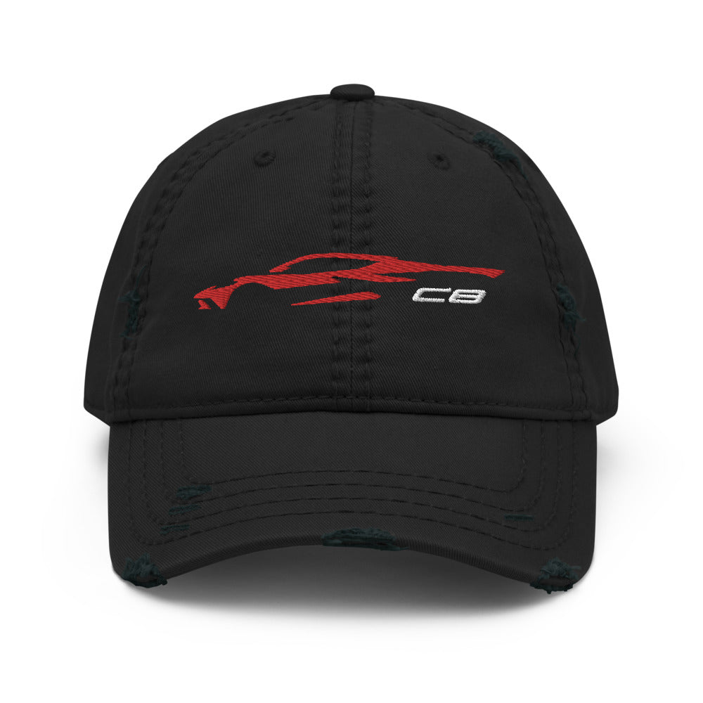 2023 C8 Outline Silhouette Torch Red 8th Gen Mid Engine Vette Distressed Dad Hat