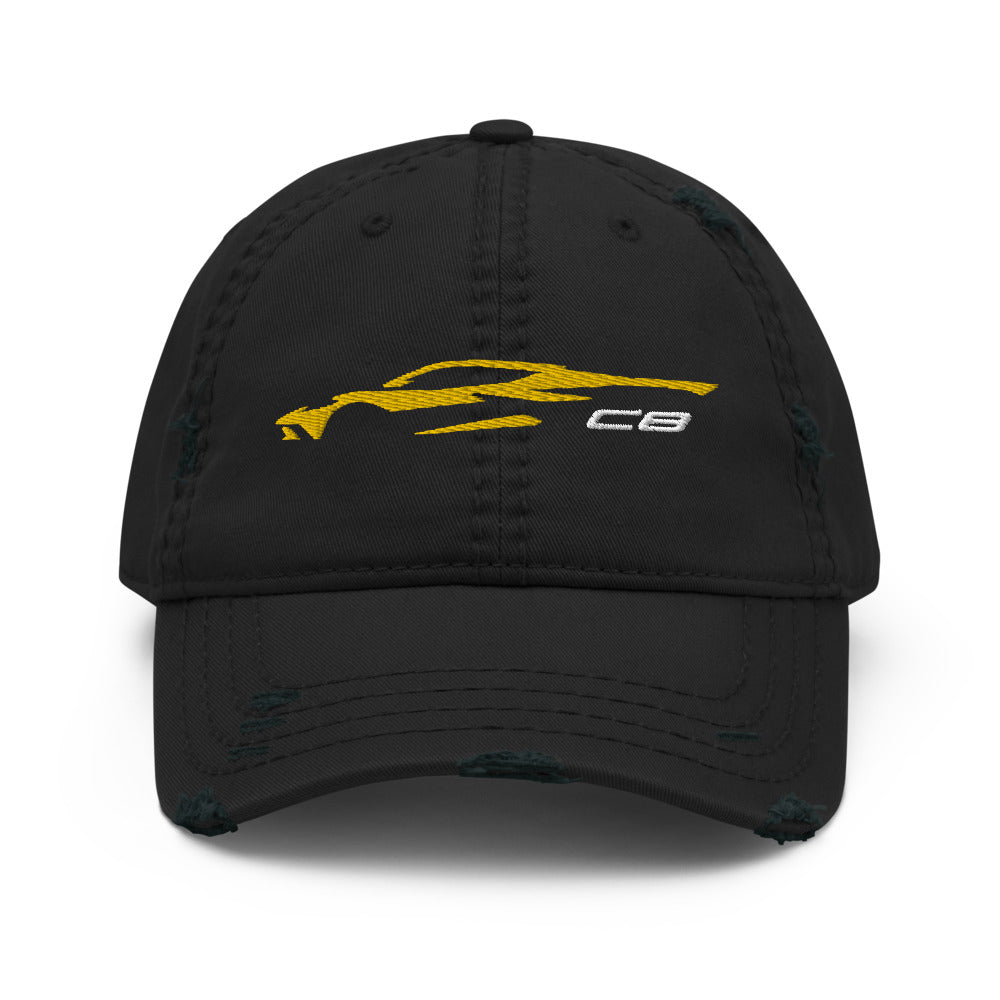 2023 C8 Outline Silhouette Accelerate Yellow 8th Gen Mid Engine Vette Distressed Dad Hat
