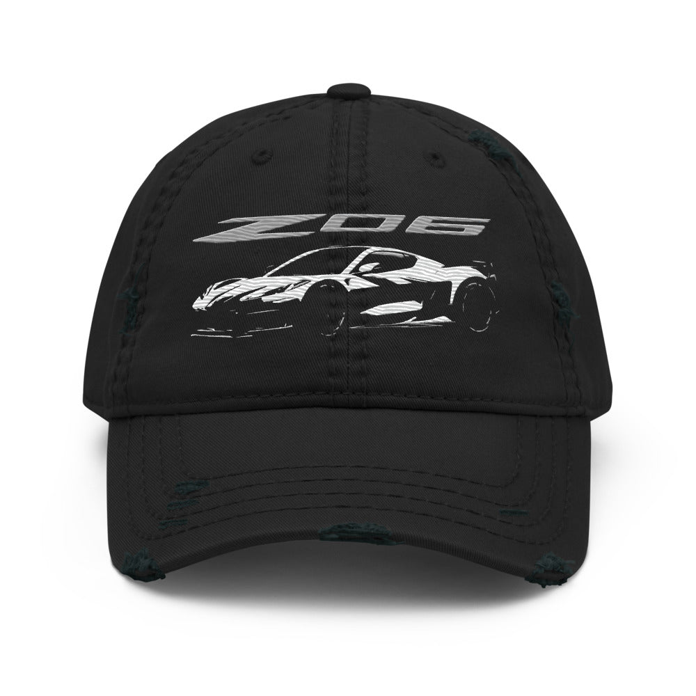 2023 2024 Corvette C8 Z06 Arctic White Next Gen Silhouette Distressed Dad Hat