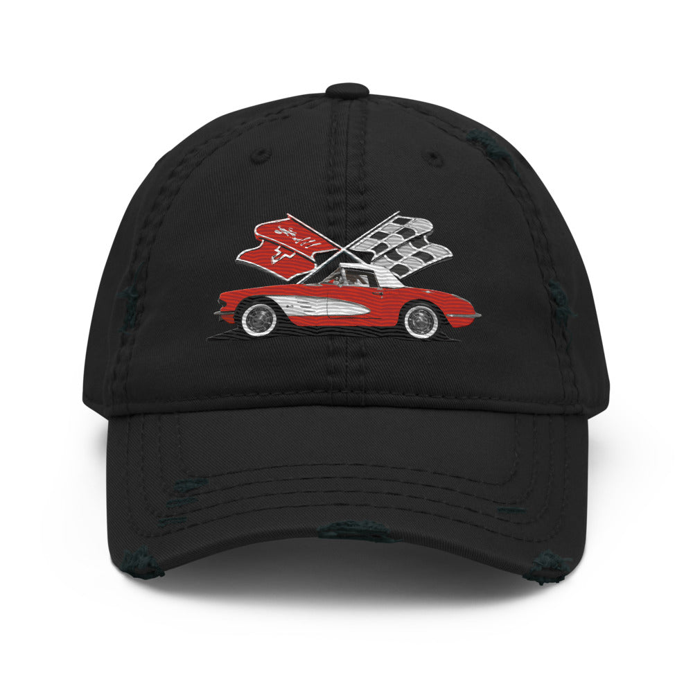 Red Corvette C1 Antique Classic Car owner gift Distressed Dad Hat