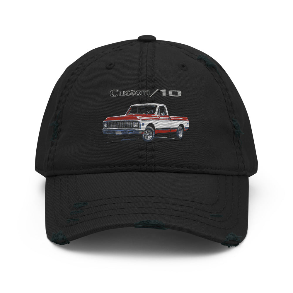 1972 Chevy C10 Distressed Dad Hat Custom Ten Red and White Classic American Pickup Truck