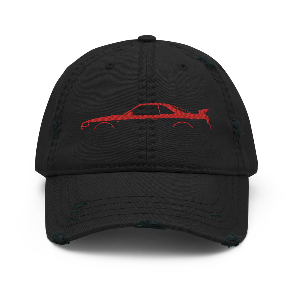 Japan Car Culture 90s JDM R34 GTR Outline Silhouette Japanese Monster Red GT-R Embroidered Distressed Dad Hat