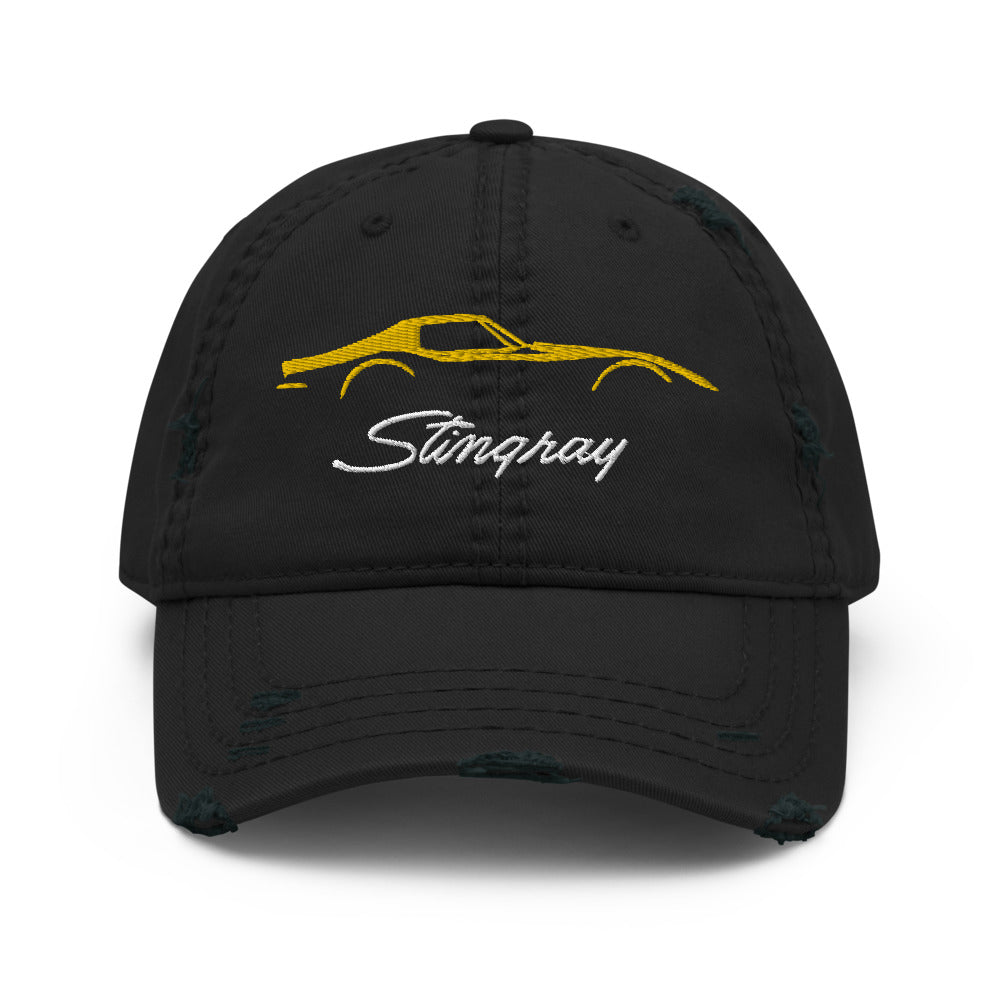 C3 Corvette Sports Car Stingray Yellow Outline Silhouette 3rd Gen Vette Drivers Embroidered Distressed Dad hat for Classic Chevy Owners