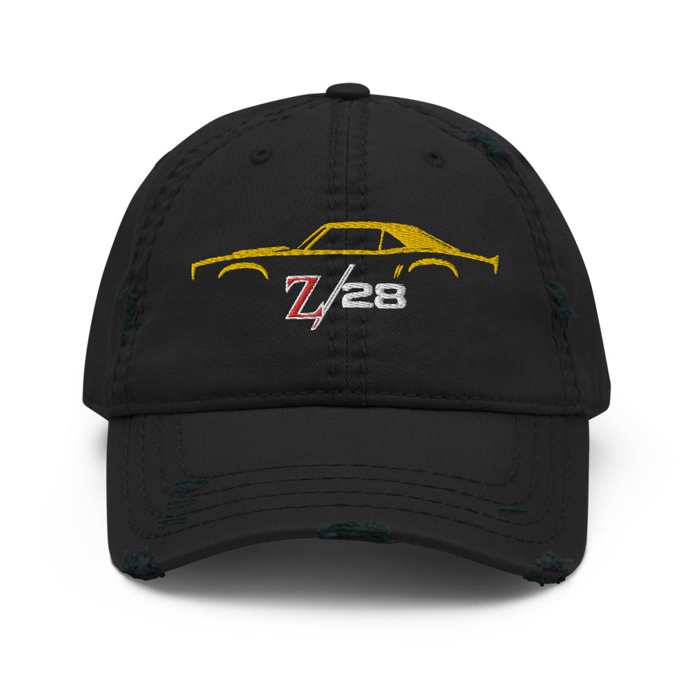 First Gen 1967 1968 1969 Chevy Camaro Z28 Yellow Outline Silhouette embroidered cap for Classic Car Owners Distressed Dad Hat