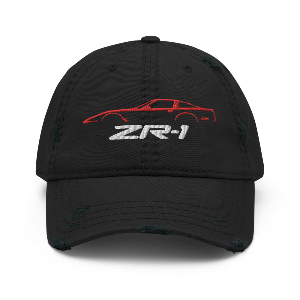 Red C4 Corvette ZR1 distressed Dad hat silhouette design for Fourth Gen Vette Owners Drivers ZR-1 Cap