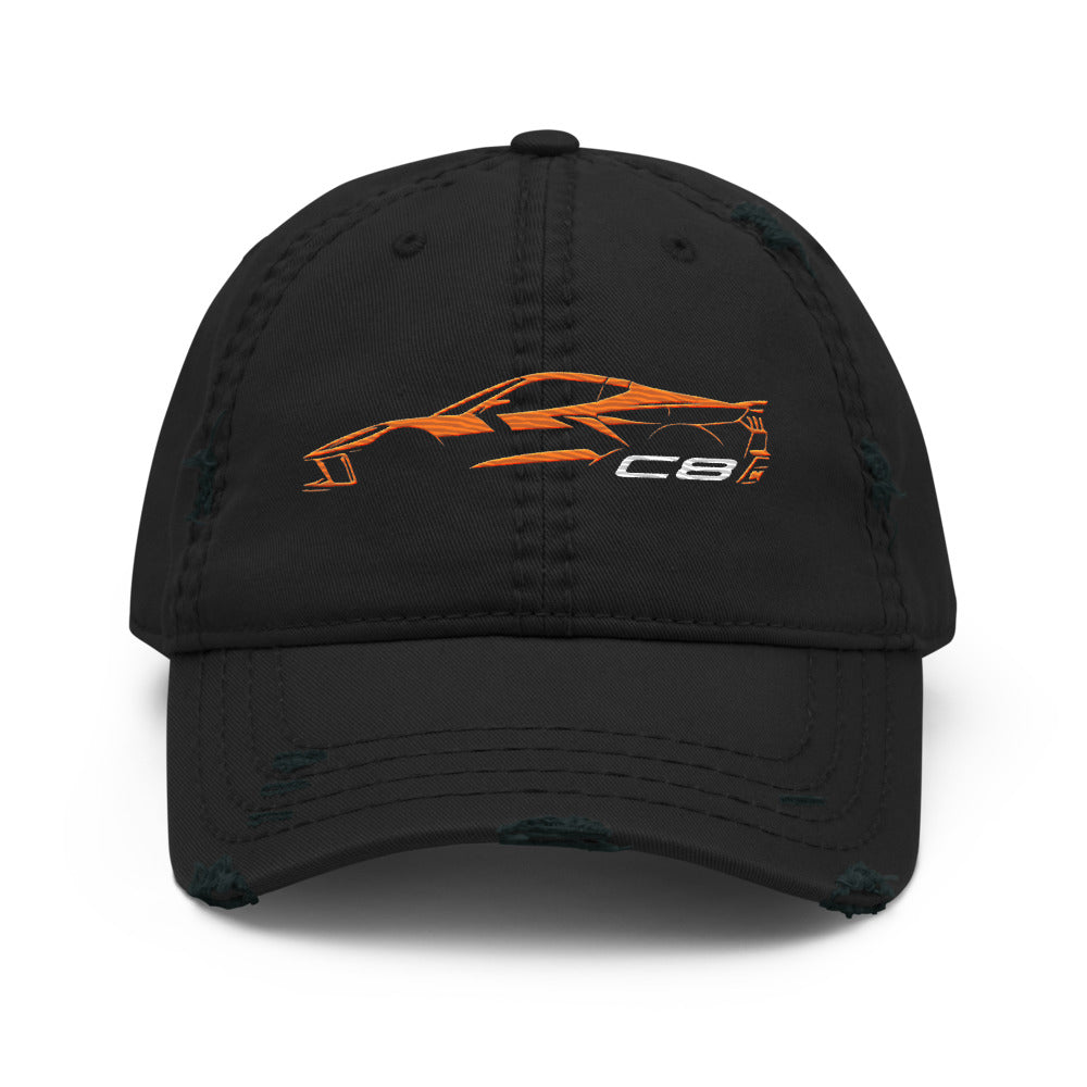 2024 Corvette C8 dad hat for Vette Drivers Amplify Orange Minimalist Silhouette distressed Cap