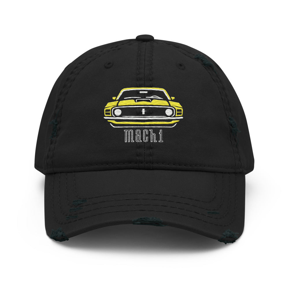 1970 Yellow Mach 1 Dad hat for Stang Owners Classic Muscle Car distressed Cap