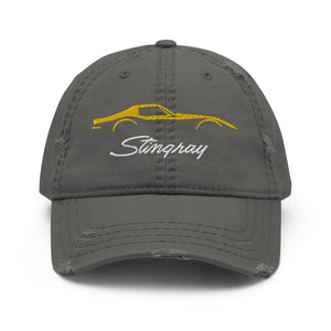 C3 Corvette Sports Car Stingray Yellow Outline Silhouette 3rd Gen Vette Drivers Embroidered Distressed Dad hat for Classic Chevy Owners