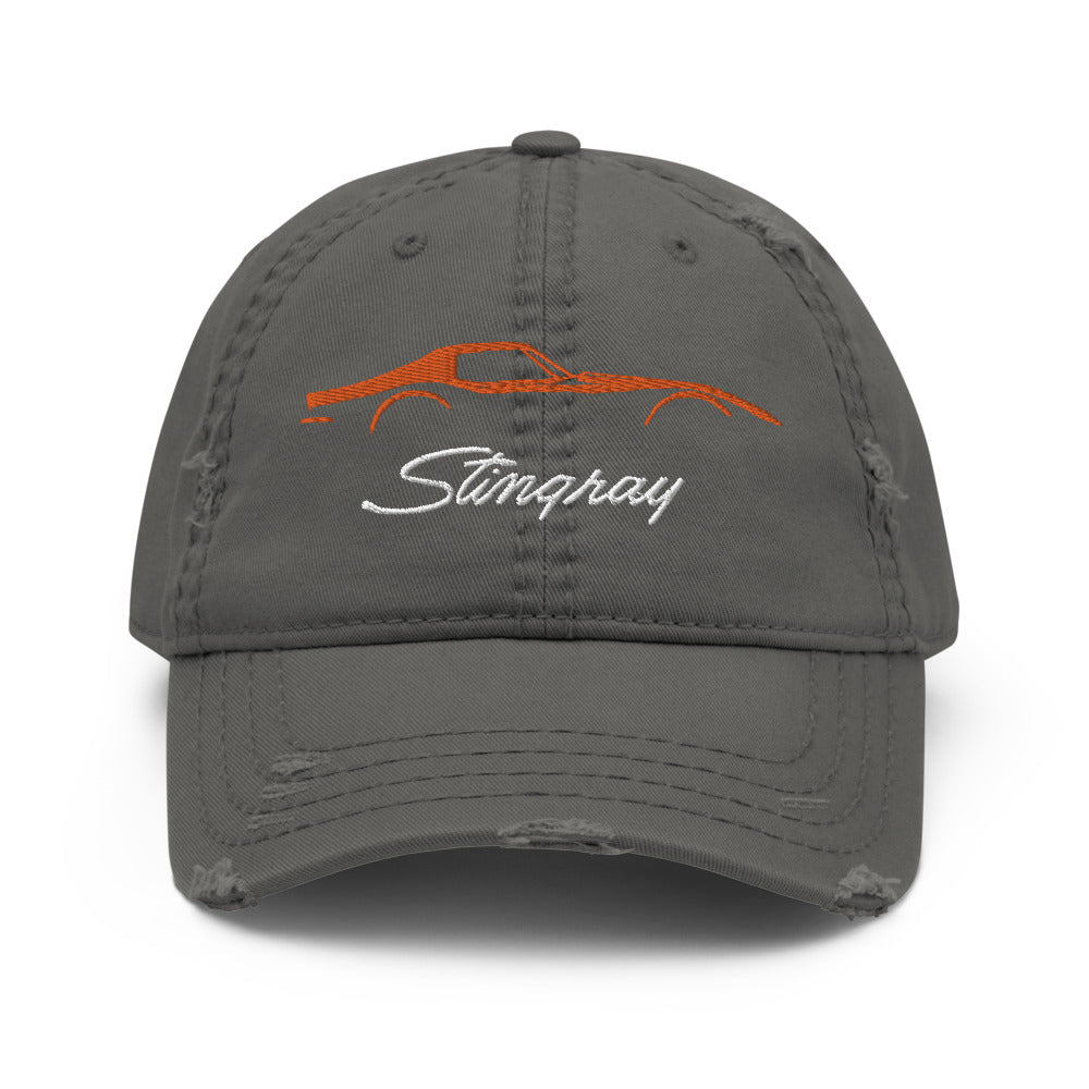 C3 Corvette Stingray Orange Outline Silhouette 3rd Gen Vette Drivers Distressed Dad Hat for Chevy Classic Car Owners