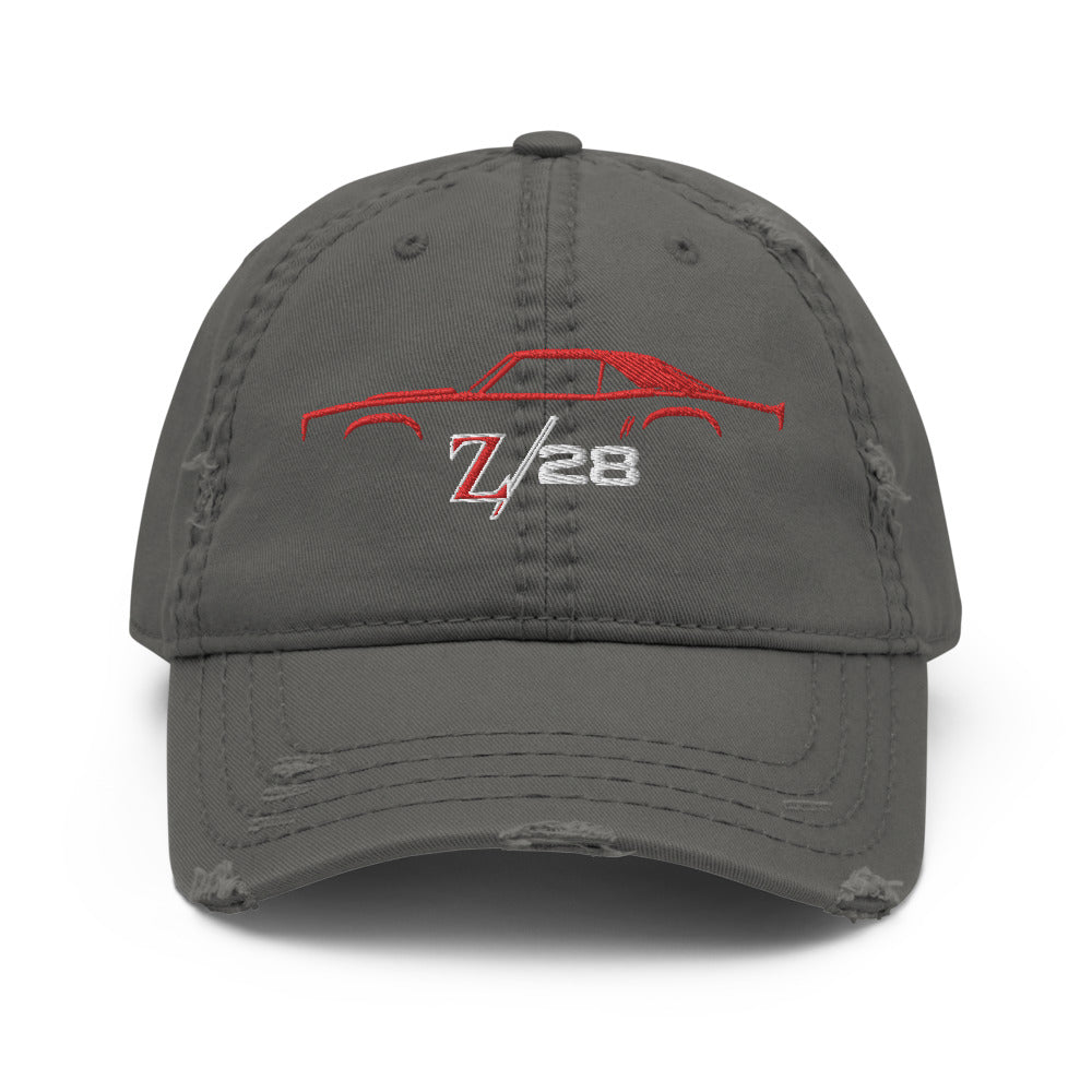 First Gen 1967 1968 1969 Chevy Camaro Z28 Red Outline Silhouette Embroidered Cap for Classic Car Owners Distressed Dad Hat