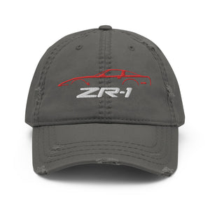 Red C4 Corvette ZR1 distressed Dad hat silhouette design for Fourth Gen Vette Owners Drivers ZR-1 Cap